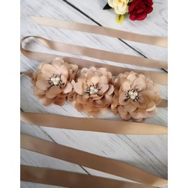 Oyabridal Flower Girl Sash Belt for Dresses Bride/Bridesmaid Sash Belts Flower Pearls Sashes for Wedding Dress, Champagne, 92''x1''