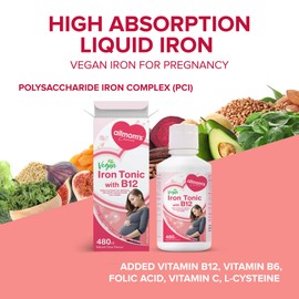 Vegan Liquid Iron Supplement for Pregnant Women with Blood Builder Benefits of B12 - Helps Prevent Iron Deficiency with Gentle on Stomach Polysaccharide Iron Complex - 480 ml - Allmom's Choice
