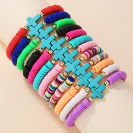 HYHONEY 12pcs Friendship Bracelets Beaded Bracelets Heishi Bracelet Cute Bracelets Stack Vinyl Clay Disc Bead Surfer Stretch Summer Beach Bracelets For Women Preppy Bracelets, adjustable, clay