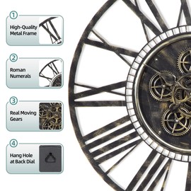 Moving Gear Large Wall Clock 20inch/50cm Bronze, Decorative Wall Clocks for Living Room, Unique Farmhouse Steampunk Metal Wall Clock Decor, Office Wall Clocks