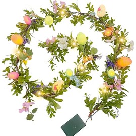 Guirnalda de Pascua de 6 pies para manto, guirnalda de primavera con huevos y flores, vegetación sintética iluminada con temporizador para decoración de chimenea de verano al aire libre