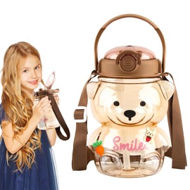 FairyPeach Kawaii Bear Straw Bottle, Kawaii Drinking Bottle, Bear Water Bottle, Cute Bear Shaped Water Bottle with Straps and Stickers, 1000 ml, Ideal for Outdoor Activities, School