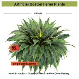 TROKUZEN Artificial Boston Ferns, 2Pcs 43 Inch Large Fake Ferns Plants for Indoor & Outdoor Decor, 60 Branch Greenery for Office, Living Room, Garden