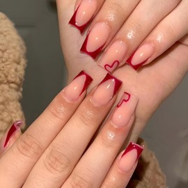 Valentine's Day Press on Nails Short Square Fake Nails with Red Heart Design Glossy Acrylic Full Cover Nails Valentine's Day French Tips Glue on Nails Stick on Nails for Women and Girls 24Pcs