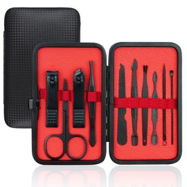 AOOWU Professional Manicure Set, 10pcs Portable Nail Clippers & Eyebrow Grooming Kit, Stainless Steel Nail Care Tools with Luxurious Leather Case for Travel & Home