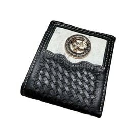 Western Stakes Mens Leather Wallet Rooster Concho Basketweave Bifold Soft Leather Cow Hair Style Cowboy Hand Crafted High End Mens Wallets Leather Gifts For Men (Black)