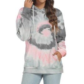 rosemia Womens 2023 Hooded Drawstring Pullover Sweatshirts Casual Long Sleeve Basis Tops Shirts(Grey Pink Tie Dye,XL)