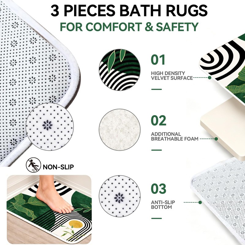 4Pcs Green Bathroom Sets with Shower Curtain and Rugs, Mid