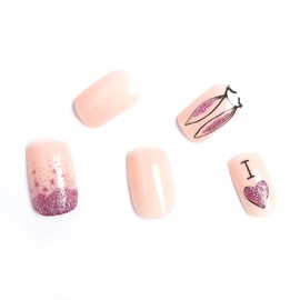 Easter Square Press on Nails Medium Glossy False Nail Kits with Bunny Ears Purple Glitter Love Heart Design Stick on Nails for Easter Gift Acrylic Fake Nails Sets for Women Girls 24pcs