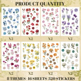 Kalysky 320 Pcs Vintage Flower Stickers for Scrapbooking - Transparent PET Floral & Wax Seal Design Stickers,Scrapbook Supplies,Junk Journal,Planner,Laptop Decals(160 Unique Designs,2 Each)