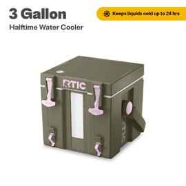 RTIC Halftime Water Cooler 3 Gallon Portable Carrier Container, Drink Beverage Dispenser, Stackable with 2 Taps, Bottleless, BPA-Free, for Sports, Camping, BBQ, Parties, Picnic, Olive/Pale Pink