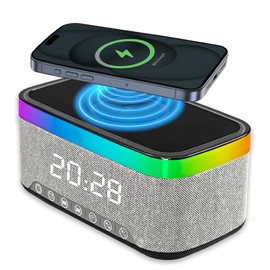 Digital Alarm Clock with 15W Fast Wireless Charger, Alarm Clock Bluetooth Radio with 7 color light, Stereo Speaker Alarm Clock with 7 White Noise for Bedrooms, Desk, Bedside, Nightstand (Black)