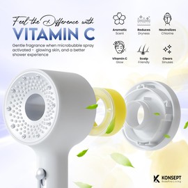 KONSEPT Shower Head with Filters & Vitamin C Lemon Pods | Handheld Shower Head with 2-Spray mode | Shower Head High Pressure | Removes Chlorine, Improve Skin and Hair Texture (White)