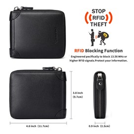 Mens Genuine Leather Zipper Wallet RFID Secure Large Capacity Double Fold Multi-card Leather Wallets for Men and coin purse(Oil wax brown)