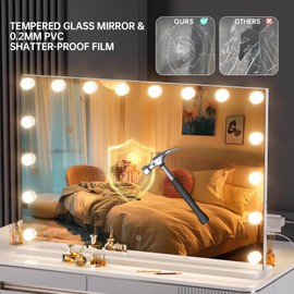 ouboyo Vanity Mirror with Lights, 35" x 24" Hollywood Mirror, Makeup Mirror with 16 Dimmable Bulbs and 5X Magnification, 3 Colors Modes, Touch Control, USB and Type-C, Tempered Glass (Square White)