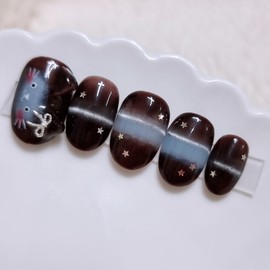 Brown Sky Cat Handmade Nail Tips - Short Square / 브라운 스카이 고양이 수제네일팁 - 숏스퀘어