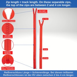Separable Zipper, Pack of 2, 70cm Rail Length, Dark Red, 1-Way Open End #5, 5.75mm Rail Width, 34mm Bandwidth, Replacement Plastic Zipper, Plastic Zip #5