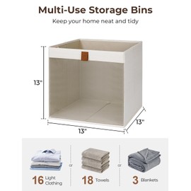 StorageWorks 13x13 Storage Cubes, Closet Storage Bins with Clear Window, Large Fabric Organizer for Clothes, Collapsible Storage Baskets with PU Handles, Beige, 3-Pack