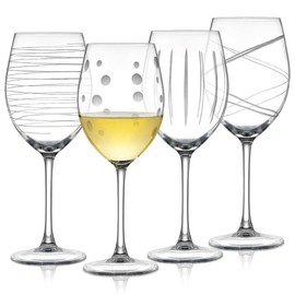 Joeyan Hand Blown Etched Red and White Wine Glasses,Stemmed Glasses with Stripes and Dots Pattern,Clear Carved Long Stem Glassware Set for Wine Tasting Birthday Anniversary Wedding,19 oz,Set of 4