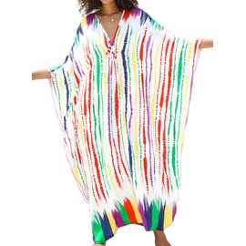 Yanziliu Kaftan Dresses Plus Size V-Neck Women's Swimwear Cover Ups Tie Dye Batwing Sleeves Mumu Caftan Dress