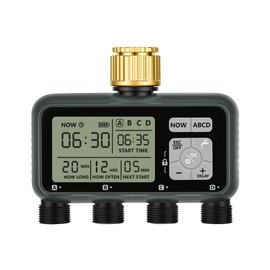 WILAWELS 4 Zone Brass Sprinkler Timer, Garden Hose Timer, Automatic Irrigation System, Programmable Faucet, 4 Outlets, with Rain Delay, Manual Mode,Child Lock, for Yard, Garden, Lawn, Green E14WT06