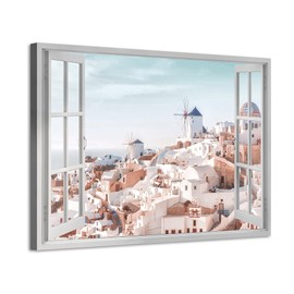 ARTISTIC PATH Window Mediterranean Landscape Wall Art: Santorini Greek Island Canvas Cityscape Picture Painting Minimalist Prints for Greece Living Room Bedroom Artwork