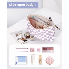 Narwey Cosmetic Bag for Women Makeup Bag Leather Toiletry Bag Travel Zip Bag for Women Girls, purple chess board