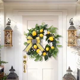 20 inch Spring Summer Wreath, Lemon Wreath for Front Door with Daisy, Bow, Eucalyptus Leaves, White Berries for Indoor Outdoor Wall Festival Home Farmhouse Wedding Decor