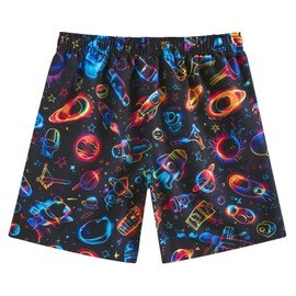 Idgreatim Space Swim Trunks for Boys 7 Years Neon Astronaut Rocket Bathing Suit with Compression Liner