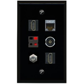 RiteAV CAT7 Coax 2 HDMI Speaker TOSLINK Flat/Solid Wall Plate [Black]