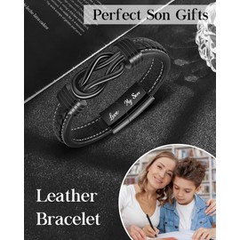 YELUWA Son Bracelet from Mum, Engraved Love My Son Leather Bracelet, Birthday Gifts Christmas Graduation Gifts for Him 21.5cm