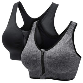 CARETOO Women's Sports Bra Front Zip Wireless Bras Shock Absorber Sports Bra, Stress Training Yoga Bustier with Removable Pads for Running Gym Fitness (Black & Grey, 4XL)