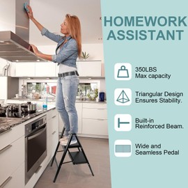 2-Step Ladder – Heavy Duty Folding Step Stool, 350 lbs Aluminum Frame, Anti-Slip Wide Steps, Portable & Space-Saving for Kitchen, Garage, Home Use (Black)