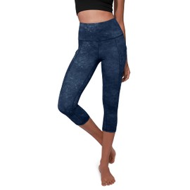 ODODOS Women's High Waisted Pattern Yoga Capri Leggings with Pockets, Tummy Control Non See Through Sports Athletic Workout Running Capris, Navy Stone, Small