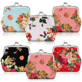 SilTriangle 6 Pack Floral Coin Purse Small Canvas Vintage Buckle Coin Pouches Kiss Lock Cute Mini Change Purse Wallets for Women Trinkets Present Bag, 6 Flower Styles