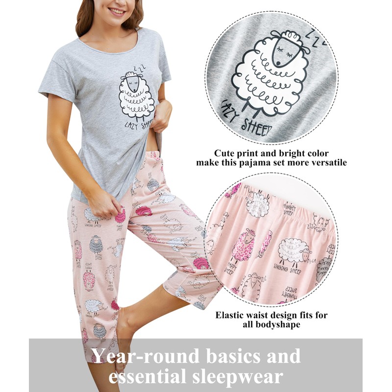 PNAEONG Women Pajama Set Sleepwear Tops with Capri Pants Casual