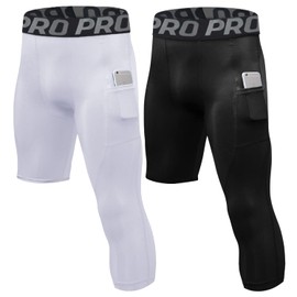 LNFINTDO 2 Pack Men's Single Leg Compression Pants 3/4 Capri Length Athletic Tights for Basketball Gym & Sports Baselayer