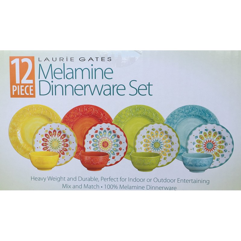 Laurie Gates - 12 Piece Melamine Dinnerware Set (Yellow &