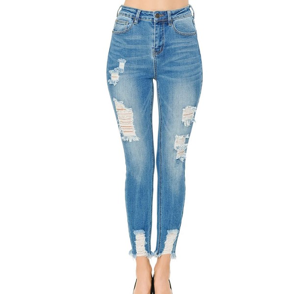 Wax Jean - Jeans ajustados al tobillo de inspiración vintage para mujer con destrucción del dobladillo, Medio, 0