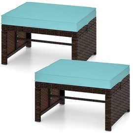 Tangkula 2 Pieces Patio PE Rattan Ottomans, Multipurpose Outdoor Footstool Footrest Additional Seating Side Table with Soft Zippered Cushions for Deck, Garden, Poolside and Yard (Turquoise)