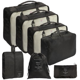 7 PCS Packing Cubes for Suitcase, Travel Luggage Packing Organizers for Backpack, Waterproof Travel Essentials Bags, Travel Cubes Accessories for Men Women, Black