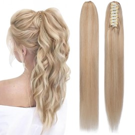 TESSHAIR Claw Clip In Ponytail Extension, 100% Human Hair Ponytail Extension, No Tangle & Smooth, 120g, 22 Inch #Blonde & Bleach Blonde