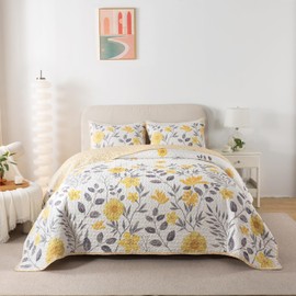 Soul & Lane May Flowers Gray and Yellow Quilt Set - Queen Size with 2 Shams, Summer Lightweight Floral Quilted Bedspread, Nature-Inspired Bedding with Flower and Botanical Pattern