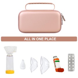 Supmay Hard Case for Asthma Inhaler, Handheld Spacer for Kids and Adults, Masks, Inhaler Holder Asthma Travel Bag Carrying Organizer with Mesh Pocket fit Medication and Accessories, Rose Gold