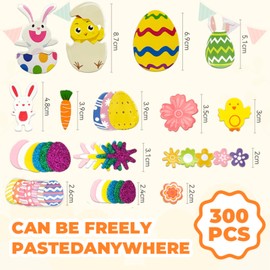 300pcs Easter Day Foam Stickers Egg Bunny Chick Flower Butterfly Carrot Colorful Glitter and Color Printing Pattern Self-Adhesive Foam Stickers for Crafts Holiday Cards Home Party Decoration Supplies