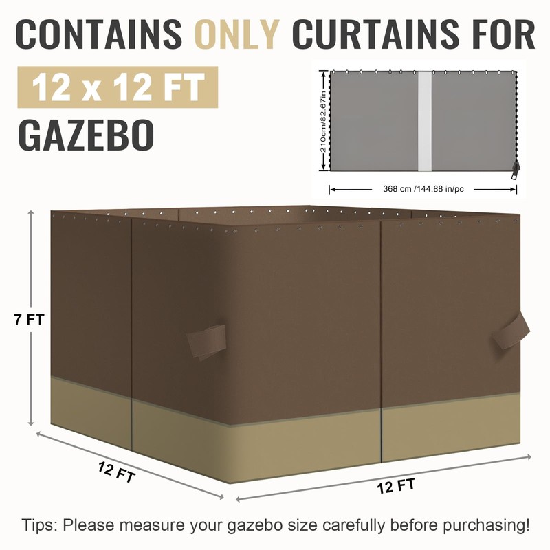 COWVIE 4-Panel 12' x 12' Gazebo Replacement Curtains, Patio Privacy
