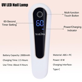 XALINA UV Nail Lamp - 2 Timers Mini UV Light for Gel Nails, UV Led Nail Lamp with 5Pcs Lamp Beads, Rechargeable Nail Lamps for Gel Polish, UV Gel Lamp for Nails, uv led Nail lamp for Home Travel Use