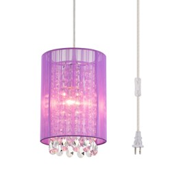 LaLuLa Hanging Lamp, Purple Cotton Hanging Lights with Plug in Cord, Crystals Plug in Pendant Light, 1-Light Hanging Lamps for Living Room Plug in, Bedrooms, Girls Room, Vanity, Playhouse, Closet