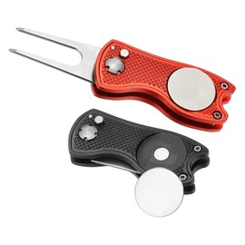 PATIKIL Golf Divot Repair Tool, 2 Pack Foldable Metal Golf Green Divot Tool with Magnetic Ball Marker & Stainless Steel Fork for Golfer, Black/Red