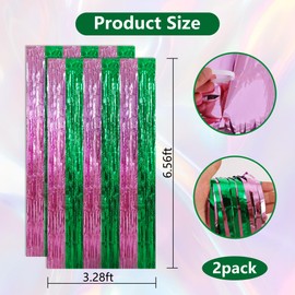 BEISHIDA Pink Green Door Streamers Backdrop Foil Fringe Tinsel Party Streamers Curtains Photo Backdrop for Birthday Graduation Wicked Party Decoations